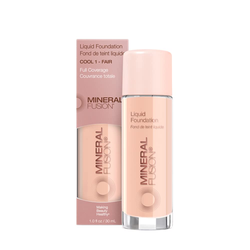 Mineral Fusion Full Coverage Foundation, Liquid Foundation - Warm 1- Light to Medium Complexion w/Golden Undertones, Lightweight Matte Finish, Up to 12 Hr Hydration, Hypoallergenic & Vegan, 1 fl. oz