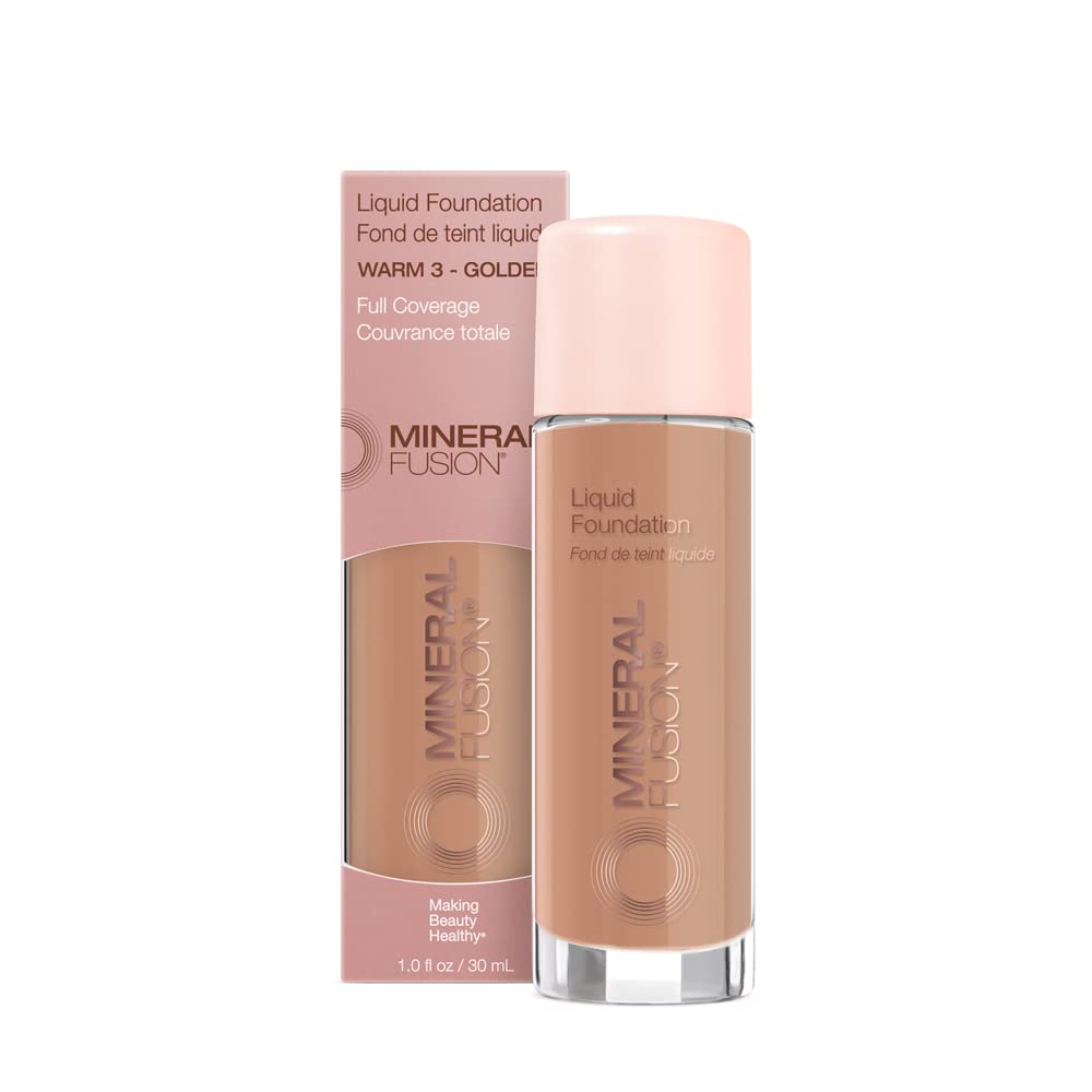 Mineral Fusion Full Coverage Foundation, Liquid Foundation - Warm 1- Light to Medium Complexion w/Golden Undertones, Lightweight Matte Finish, Up to 12 Hr Hydration, Hypoallergenic & Vegan, 1 fl. oz