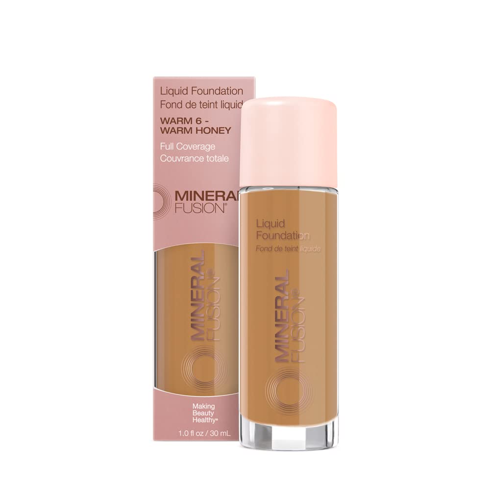 Mineral Fusion Full Coverage Foundation, Liquid Foundation - Warm 1- Light to Medium Complexion w/Golden Undertones, Lightweight Matte Finish, Up to 12 Hr Hydration, Hypoallergenic & Vegan, 1 fl. oz