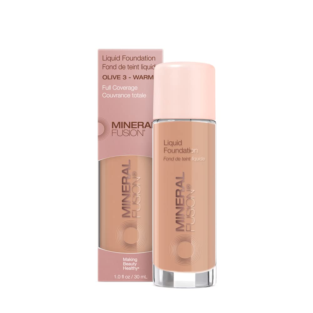 Mineral Fusion Full Coverage Foundation, Liquid Foundation - Warm 1- Light to Medium Complexion w/Golden Undertones, Lightweight Matte Finish, Up to 12 Hr Hydration, Hypoallergenic & Vegan, 1 fl. oz