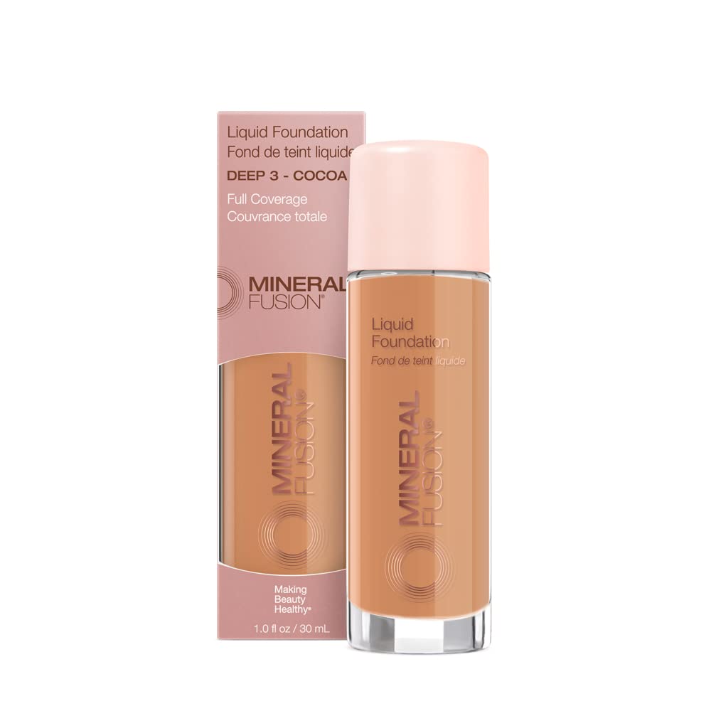 Mineral Fusion Full Coverage Foundation, Liquid Foundation - Warm 1- Light to Medium Complexion w/Golden Undertones, Lightweight Matte Finish, Up to 12 Hr Hydration, Hypoallergenic & Vegan, 1 fl. oz