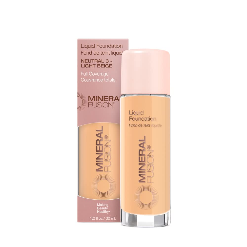 Mineral Fusion Full Coverage Foundation, Liquid Foundation - Warm 1- Light to Medium Complexion w/Golden Undertones, Lightweight Matte Finish, Up to 12 Hr Hydration, Hypoallergenic & Vegan, 1 fl. oz