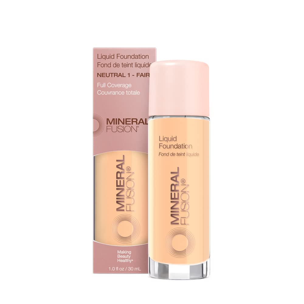 Mineral Fusion Full Coverage Foundation, Liquid Foundation - Warm 1- Light to Medium Complexion w/Golden Undertones, Lightweight Matte Finish, Up to 12 Hr Hydration, Hypoallergenic & Vegan, 1 fl. oz